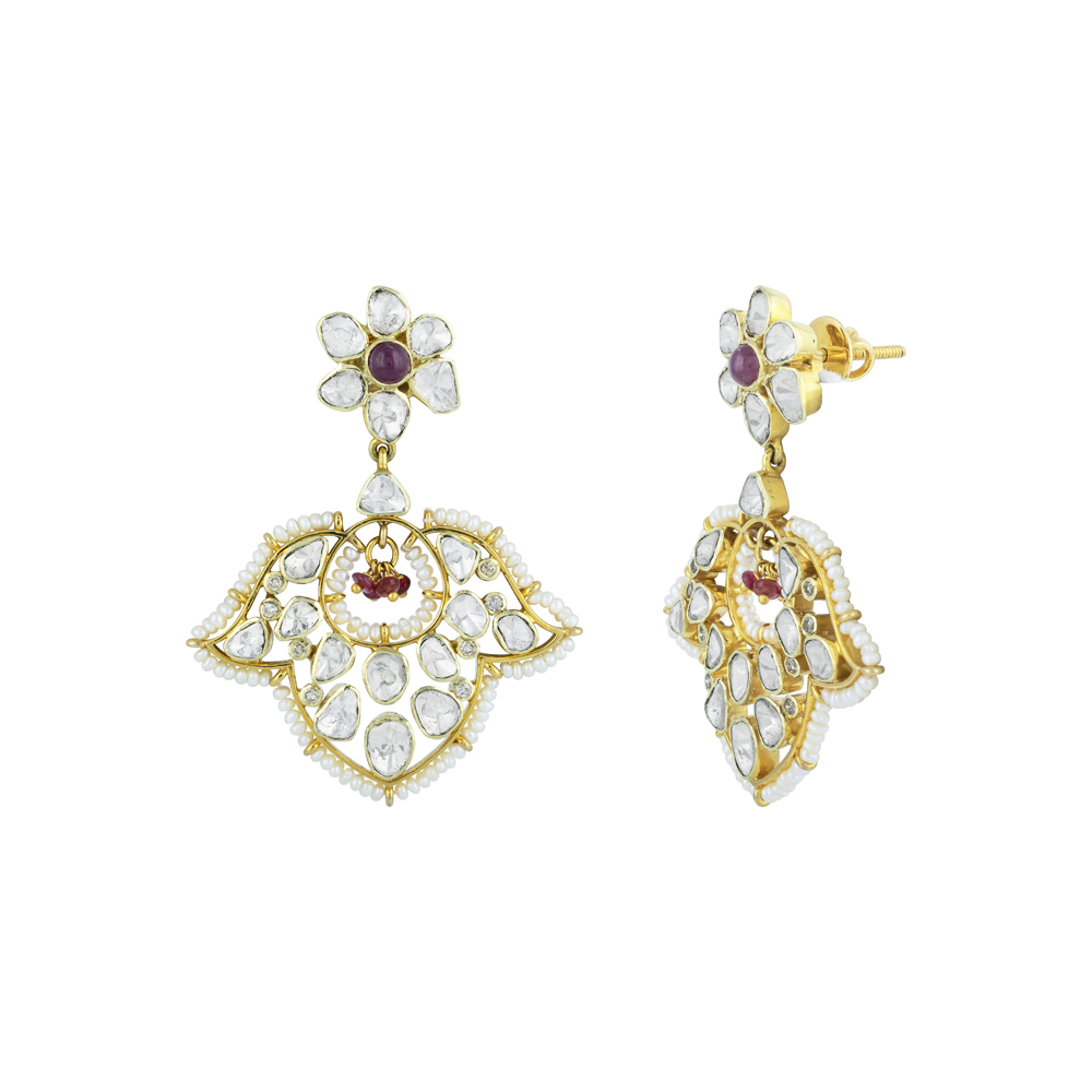 Floral Polki Earrings with Red Accent & Pearl Beads